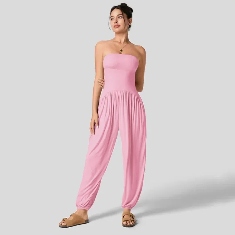 Women's Summer New Solid Color Casual Strapless Waist Cinching Lantern Loose Bound Women's Jumpsuit 2024