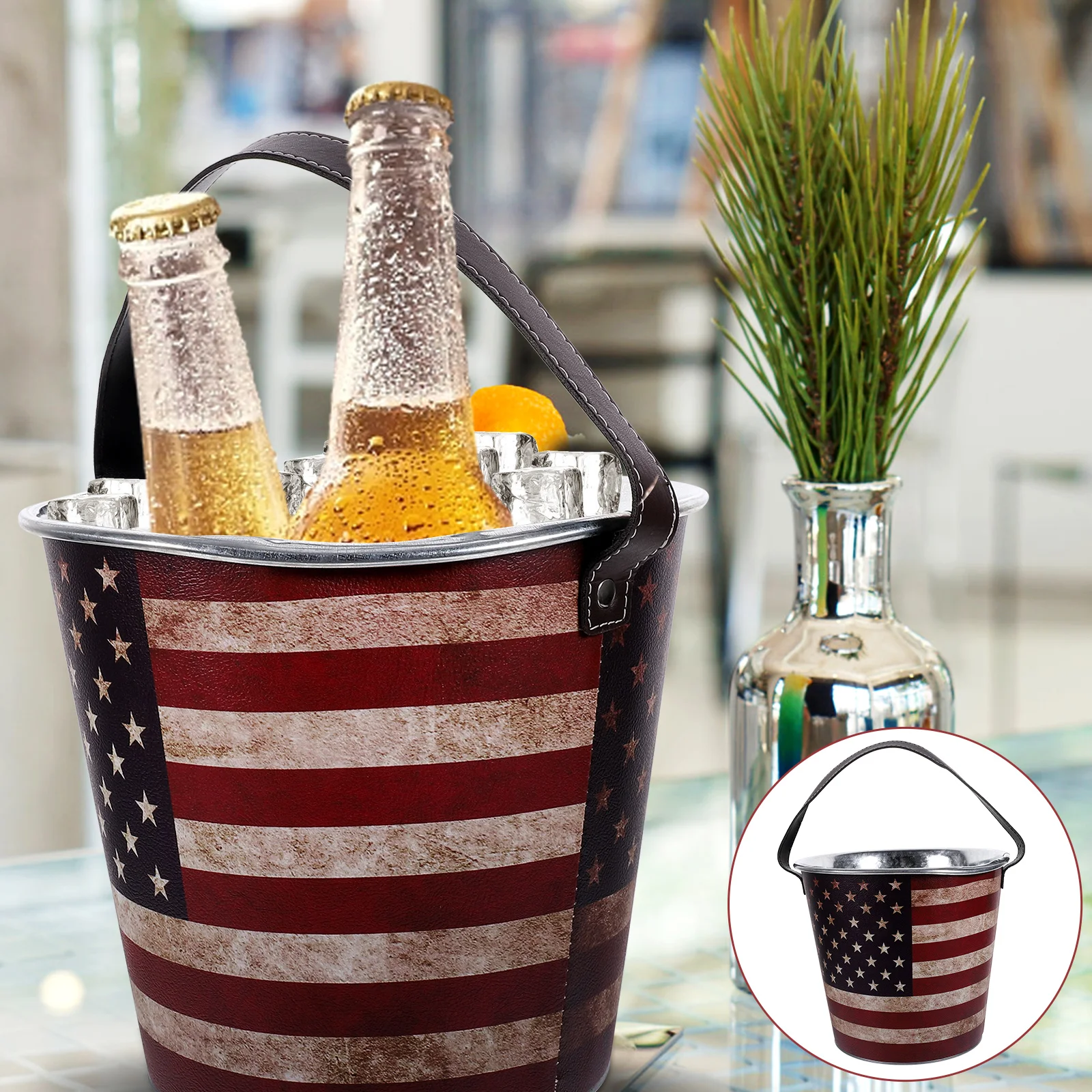 

Large Metal Bucket American Flag Pattern Bucket 10Inch Galvanized Iced Bucket Patriotic Pail Tin Retro Wine Chiller Bucket