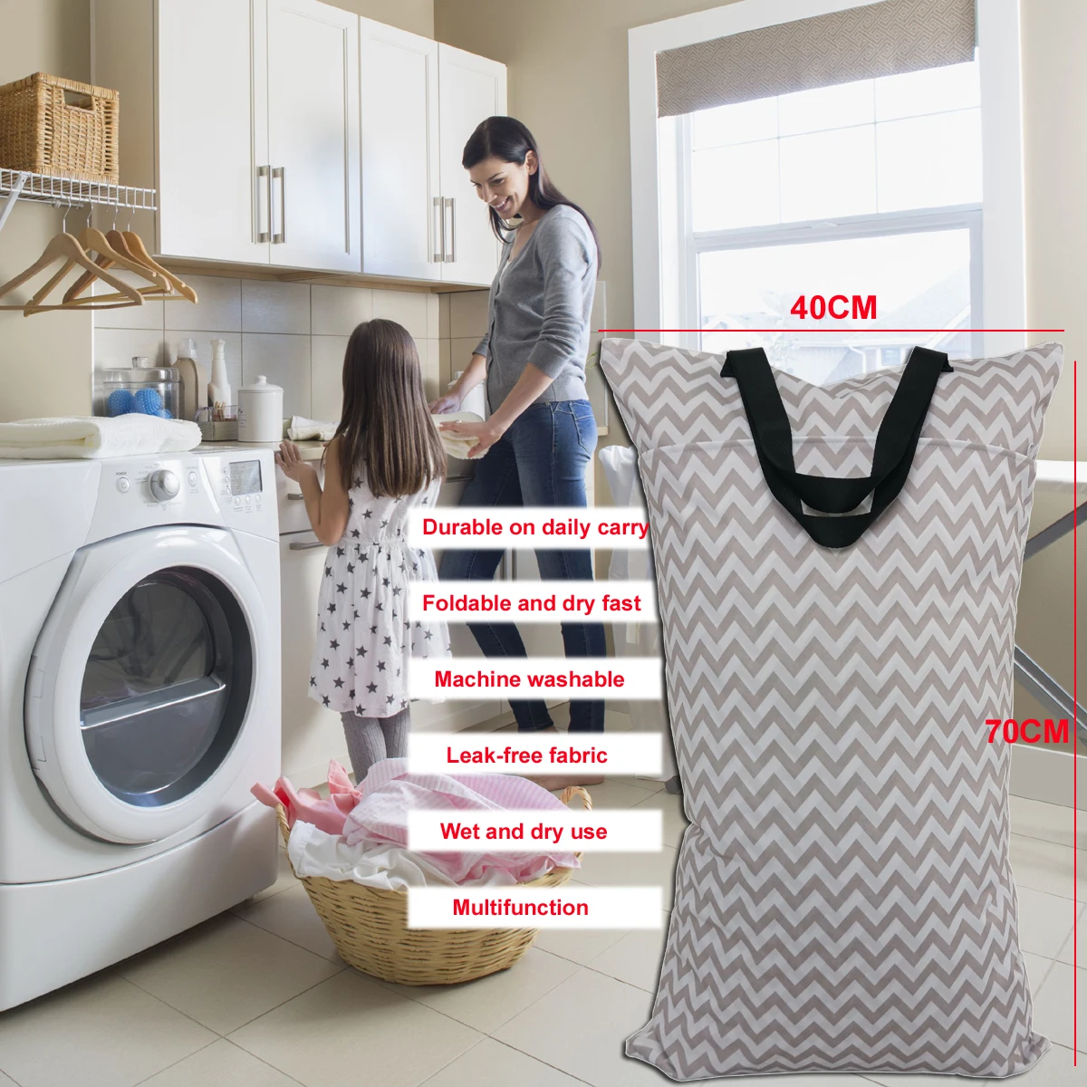 

40X70cm Reusable Double Zippers and Pockets Diaper Bag Waterproof Large Capacity Hanging Wet Dry Cloth Baby Inserts Nappy