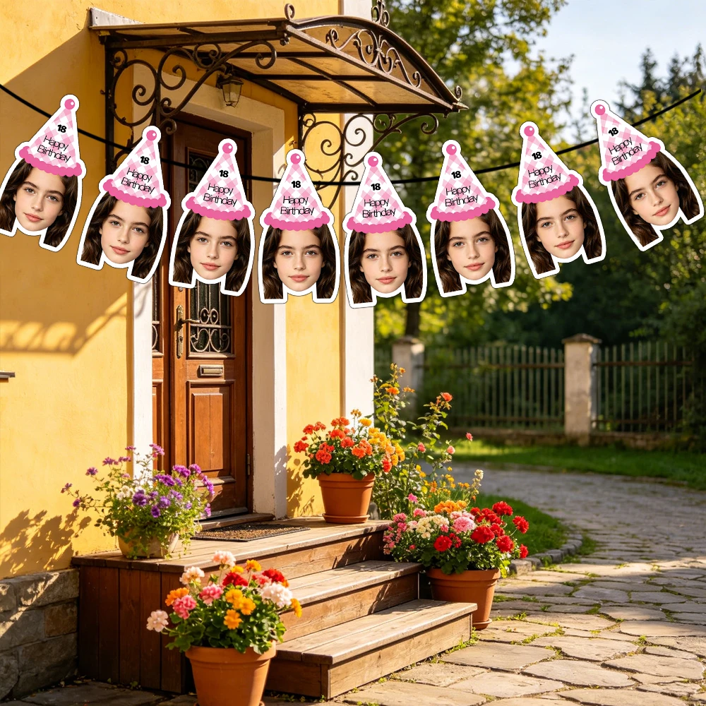 8개 맞춤형 얼굴 사진 생일 배너, 개인 맞춤형 얼굴 컷아웃 생일 및 퇴직 기념 파티 장식