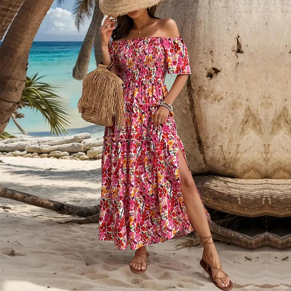 Beach Midi Dress Colorful Flower Print Off Shoulder Beach Dress with A-line Patchwork Shirring Backless Detail Summer for Women