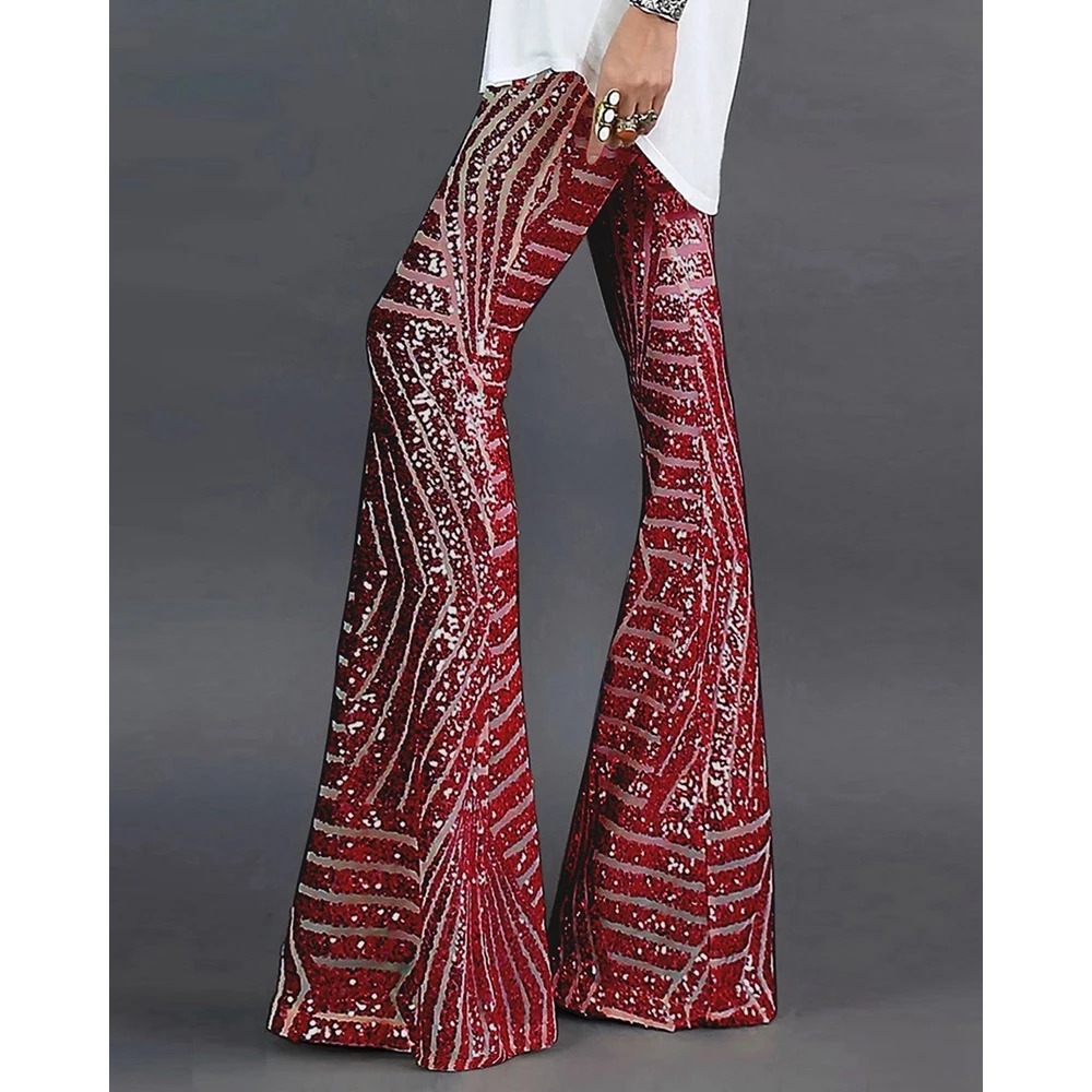 2024 Summer Women Vintage Striped Sequin Glitter Nightclub Skinny Flared Pants Female Long Pants Streetwear y2k Ball Trousers