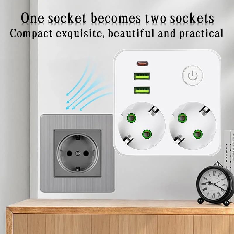 Power Strip EU Plug Outlet 2 Sockets Multitap Wall No Extension Cord with 2 USB 1 Type-C Ports 2500W MAX