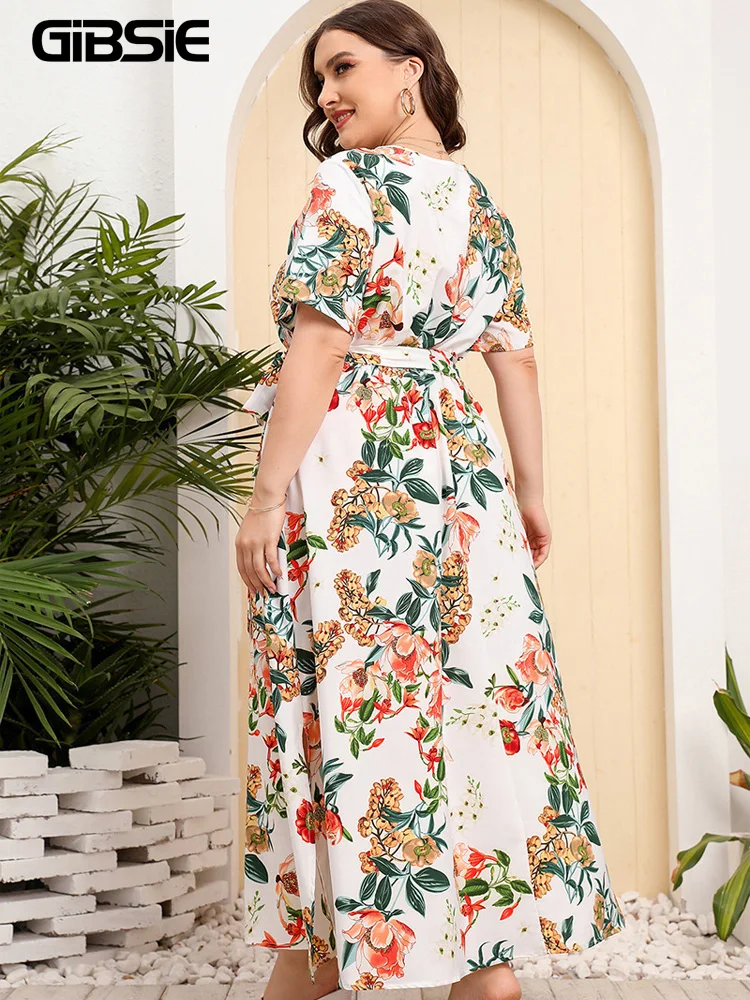 KOJOOIN Plus Size Summer Dress for Women Short Bell Sleeve V Neck Button  Ruffle Hem High Low Floral Maxi Dress