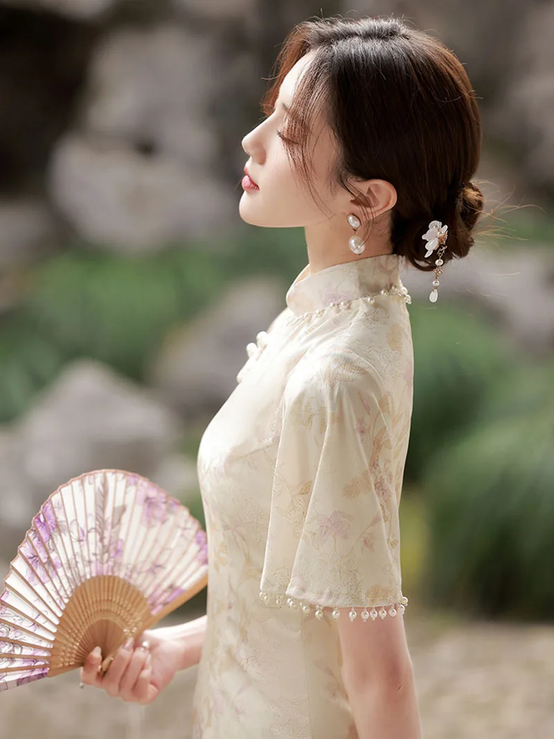 2023 Spring Traditional Cheongsam Short Sleeve Soft Vintage Dress Slim Party Wedding Costumes Elegant Long Qipao S To XXL
