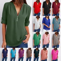 S-5XL Ladies Loose Chiffon Shirt Multi Colors V-Neck Zipper Long-Sleeved Casual Basic White Black Blouse Shirt Tops Plus Size 1