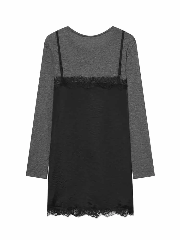 HH Damen Frühlings-Freizeitkleid mit Langen Ärmeln, Rundhalsausschnitt, Zweiteiliges Look, Spitzendekoration, Layering-Effekt, Vielseitiges Kleid für Frauen