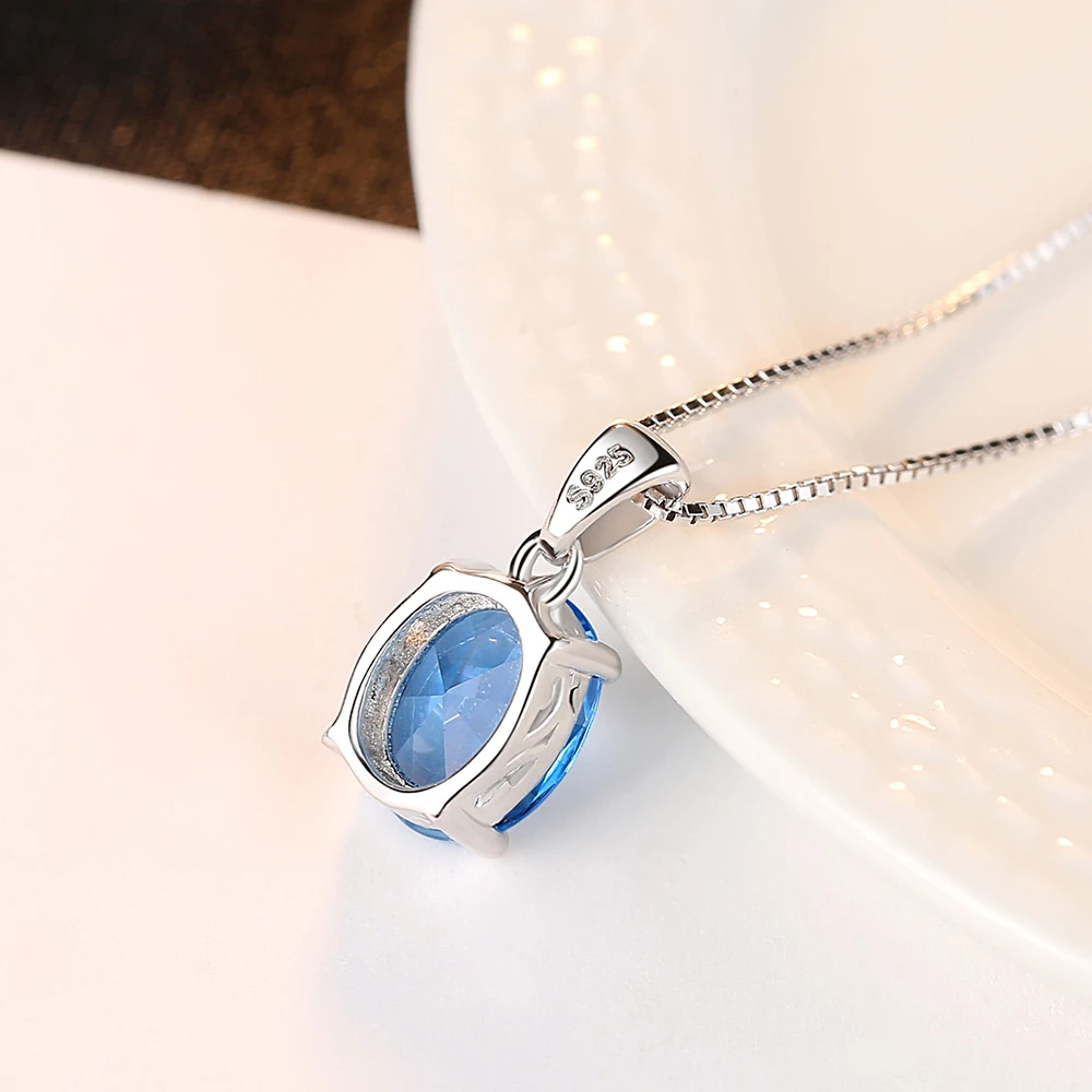 Synthetic Sky Blue Topaz  Sterling Silver Necklace For Women Classic Oval Stone Pendant Chian Wedding Fine_voghion.com