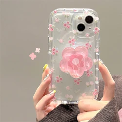Charming Quicksand Pink Flower Phone Case with Stand and Soft Clear Cover for iPhone 15 Plus (1)