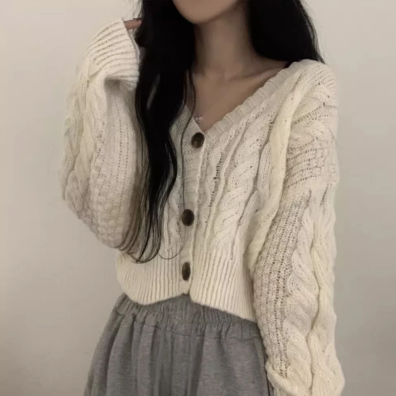 스웨터 겉옷 여성 한국 스타일 가을과 겨울 짧은 디자인 감각 니트 카디건 작은 대마 패턴 따뜻한 긴 소매 탑 