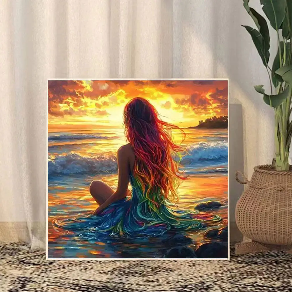 Frameless 5D DIY Diamond Painting - Beauty Girl at Seaside Sunset Wall Decor