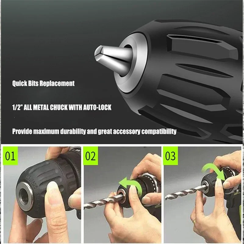 Wiredless Impact Drill Screwdriver Rechargeable Battery Cordless Hammer Drill 25+3Torque Setting Electric Screwdriver Power Tool 6
