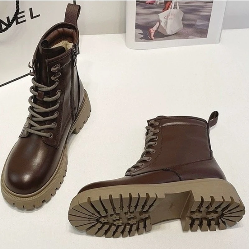 Ankle Platform Chelsea Boots Women Winter 2024 Casual Sport Running Lace Up Snow Women Motorcycle Boots Plush Warm Brand Shoes