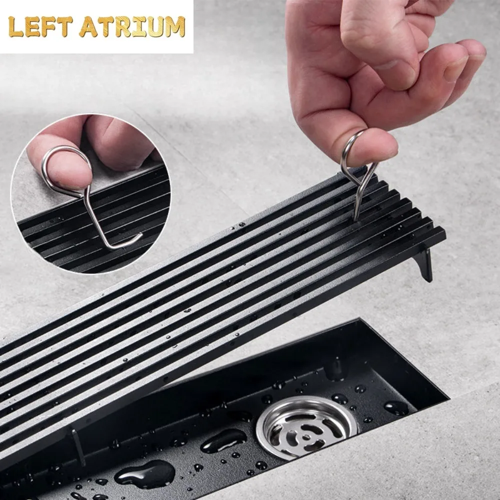 รางระบายน้ำยาวสีดำ สแตนเลส รางระบายน้ำแบบขยายสำหรับห้องอาบน้ำ กลางแจ้ง ระบายน้ำได้ปริมาณมาก 1