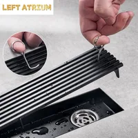 รางระบายน้ำยาวสีดำ สแตนเลส รางระบายน้ำแบบขยายสำหรับห้องอาบน้ำ กลางแจ้ง ระบายน้ำได้ปริมาณมาก 1