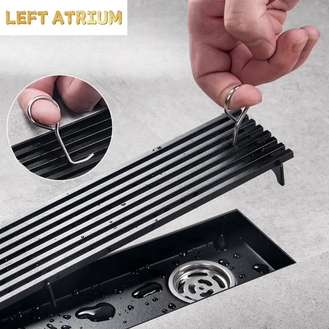 รางระบายน้ำยาวสีดำ สแตนเลส รางระบายน้ำแบบขยายสำหรับห้องอาบน้ำ กลางแจ้ง ระบายน้ำได้ปริมาณมาก 1