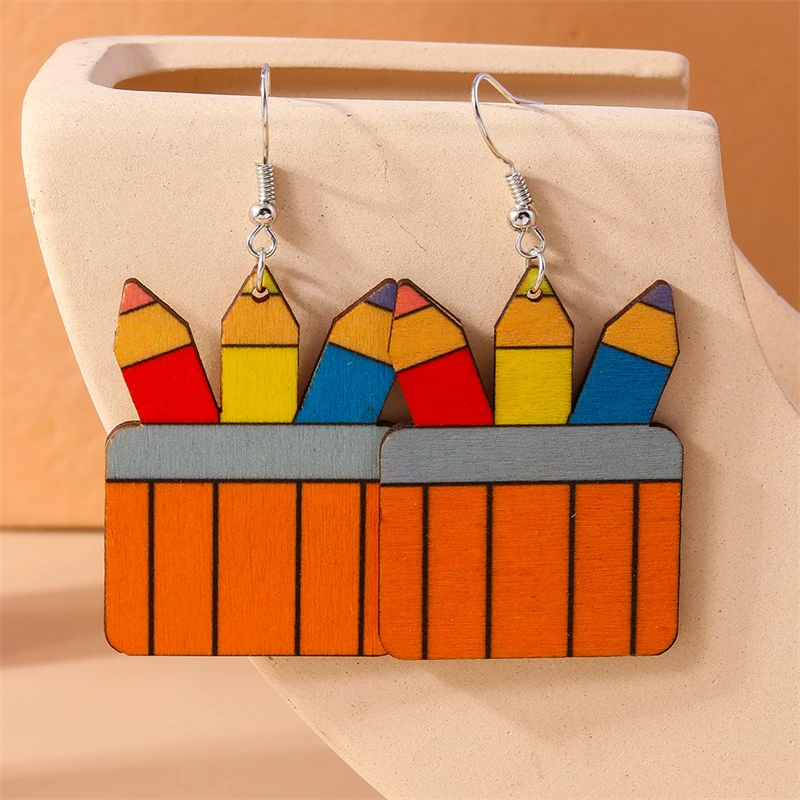 Niedliche Schüler-Lernwerkzeuge, Tropfen-Ohrringe für Frauen, Holzbuch, Stift, baumelnde Haken, Ohrringe, Schule, Jungen, Mädchen, Geschenke – Detail 10