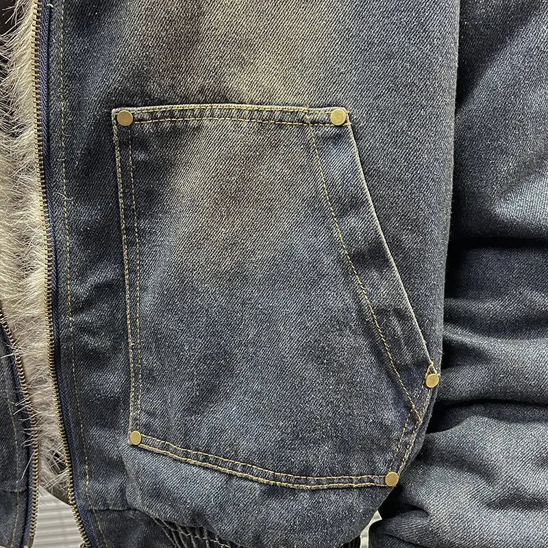 FEWQ Men's Padded Jackets New Fashion Denim Fleece Hooded Worn-out Zipper Patchwork Loose Winter Male Clothing Stylish 24F1011 4
