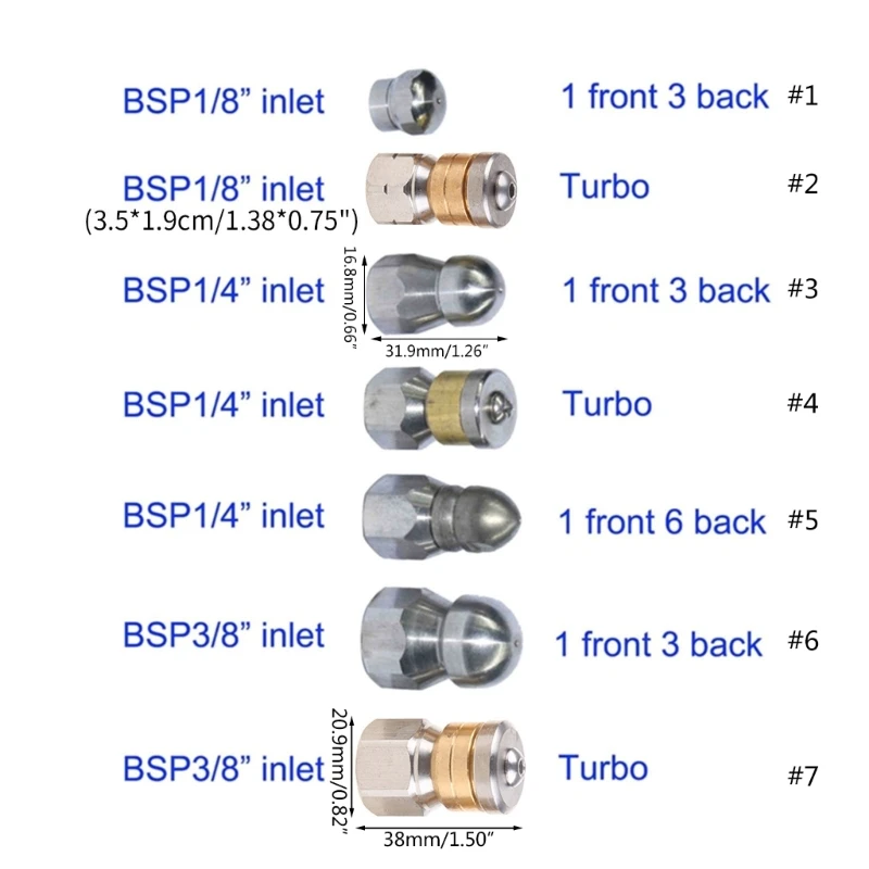 High Pressure Washer Stainless Steel Drain Wash Head Tools Rotating Sewer Jetter Nozzle 1 / 8 1/4 3 / 8 X7XD