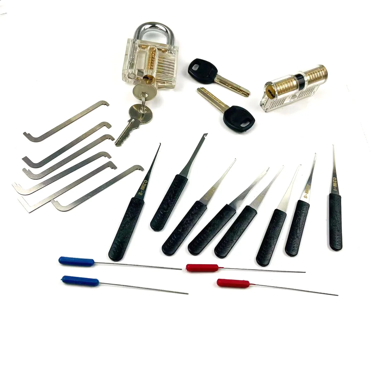 2pcs Transparent Locks with 12pcs Broken Key Pick Tools,New 6pcs Tension Wrench Tool Push Rod Tool,Practice Pick Kit