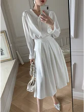 

Elegant Chic Shirt Blouses 2022 New Women High Waist Satin Midi Skirts Spring Summer Ladies Casual Loose A-line Skirts White