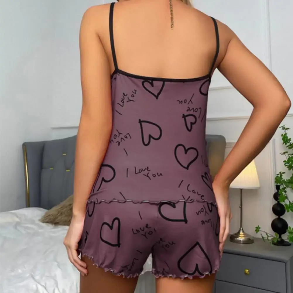 

Women Casual Two-piece Set Elastic Waist Suspender Shorts Women's Bow Heart Print Pajama Set with Shirring Sleeveless Top