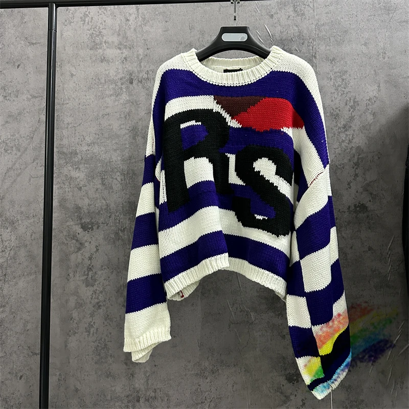 

Blue Stripe RAF SIMONS RS Sweater For Men Women Top Version Oversize Bat Shirt Knit Sweatshirts