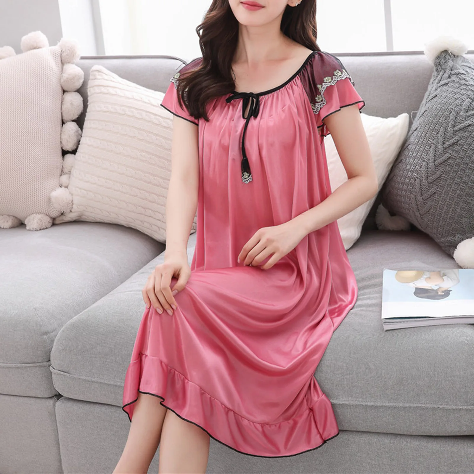 Night Dress Women Short Sleeve V Neck Homewear Long Dress Nightgowns Sleepwear Nachtkleding Vrouwen Night Gown For Women