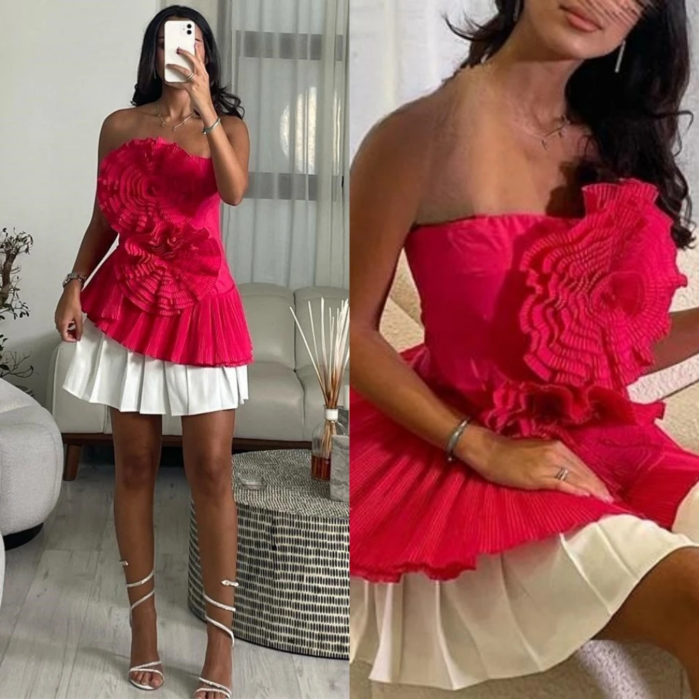 Meetlove Prom Dresses Fashion Strapless Flower A-line Party Dress MIni Sleeveless Ruched Formal Evening Gowns فساتين vestido lor