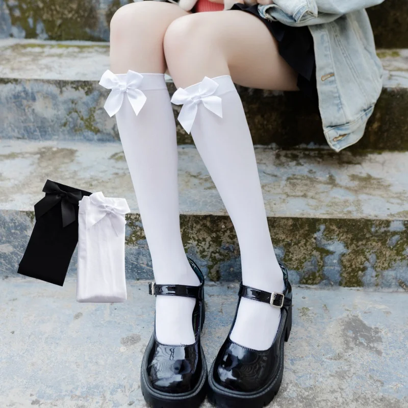 

Женские носки, бархатные тонкие носки с бантом в студенческом стиле, однотонные носки до середины икры в студенческом стиле