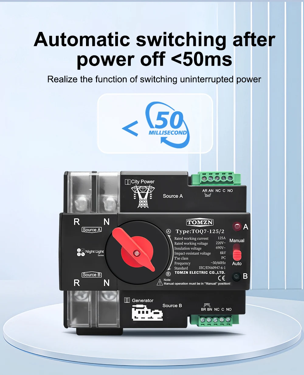 Din Rail 3 Phase 2P 3P 4P 63A 100A 125A 230V Dual Power Automatic Transfer Elect