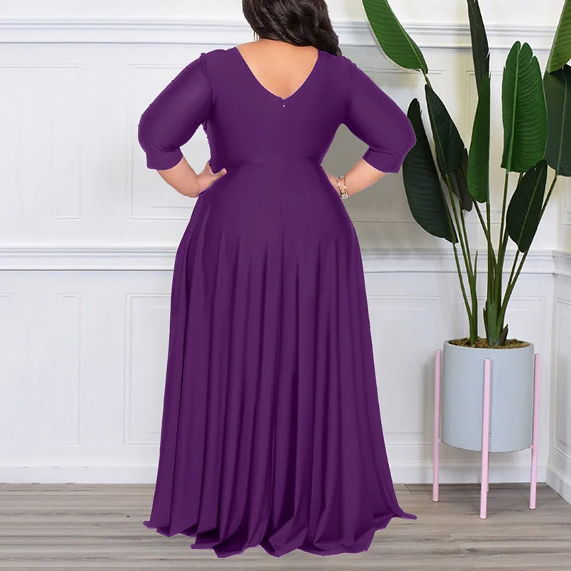 Evening Party Sexy Solid Color V-Neck High Waist Three Quarter Sleeve Pullover Maxi Princess Dress Plus Size Women's Clothing