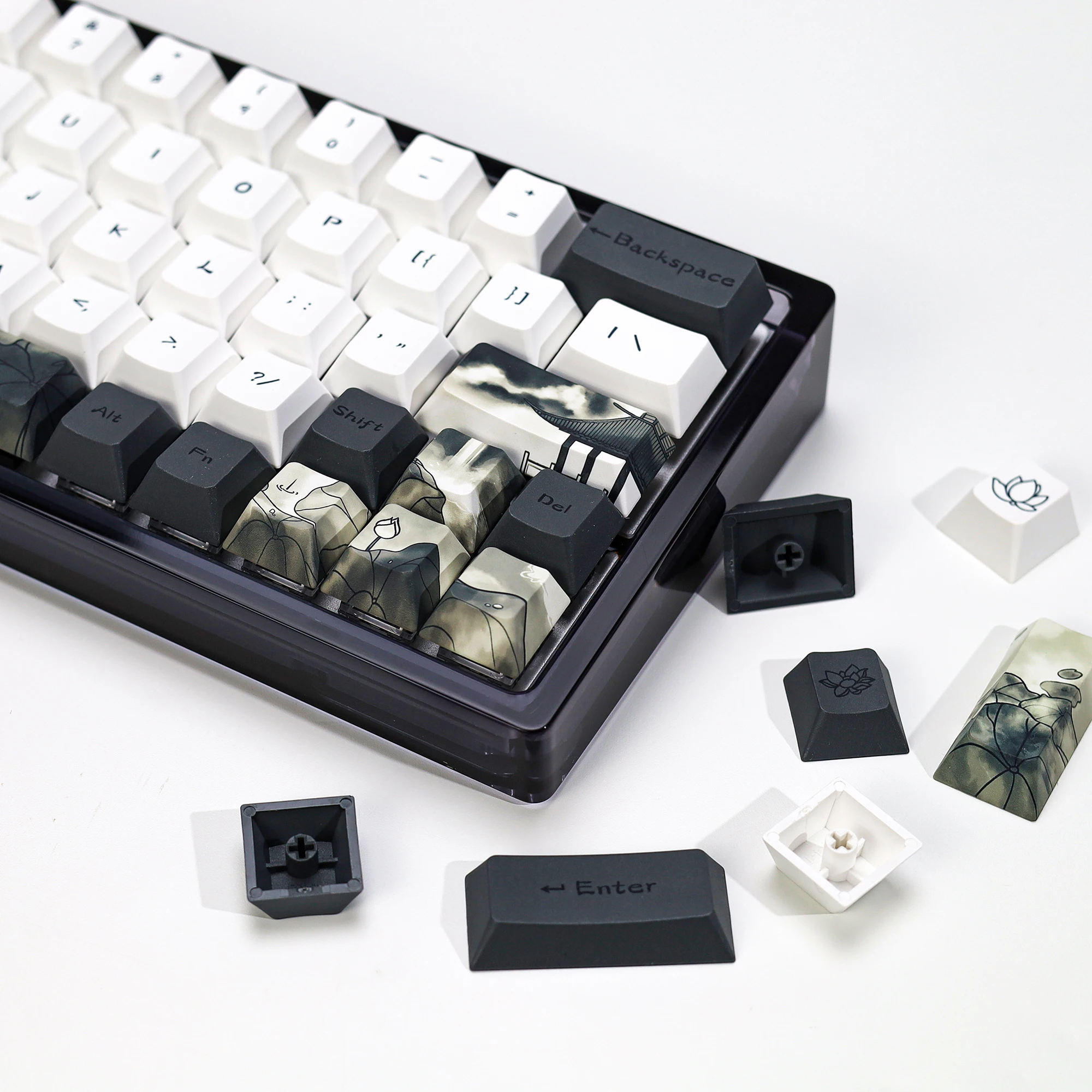 KBDiy Ink Lotus Keycap 142 Keys Cherry Profile Retro Keycaps PBT