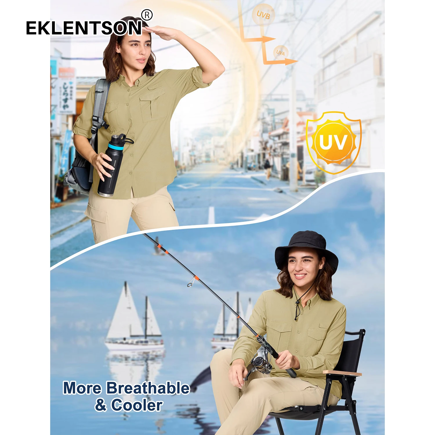 Fishing Shirts EKLENTSON Sun Protection Fishing Shirt Women's Long Sleeve Button Down Shirts Quick Dry Cooling Hiking Safari Tops