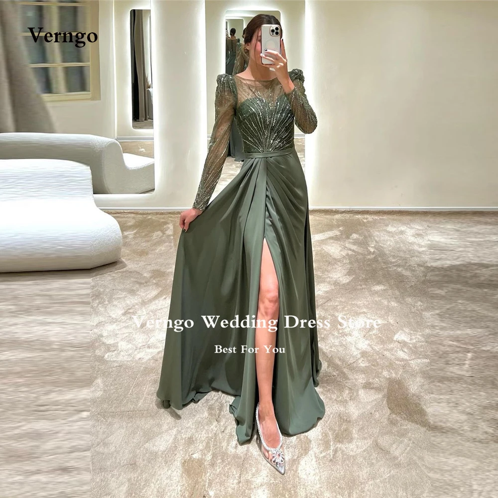 

Verngo Shiny Sequin Lace Vintage Evening Dresses Scoop Neck Long Sleeves Pleats Scoop Neck Dubai Arabic Women Formal Prom Gown