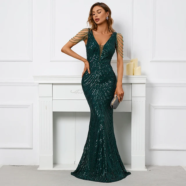 Wumi V Neck Sequin Beaded Mermaid Gown