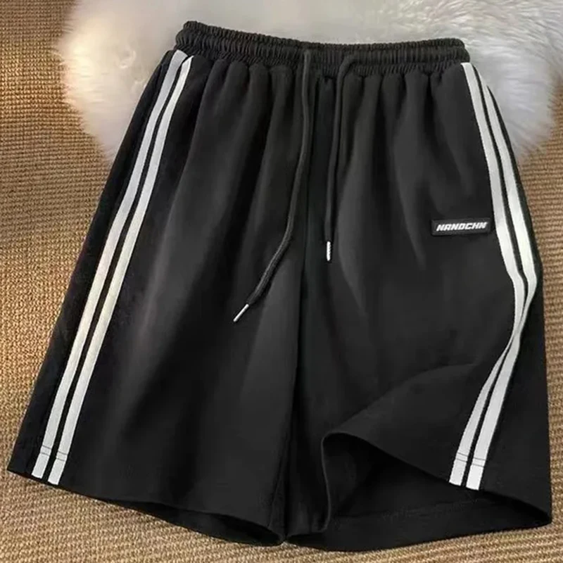 Striped Shorts Women Summer Streetwear Loose Wide Leg Shorts Korean Casual Elastic Waist Sports Shorts Bf Couple Oversized