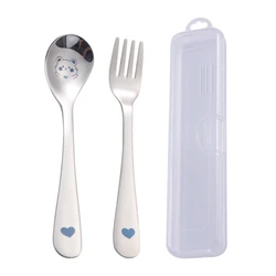 Y55B Baby Spoon & Fork Set with Storage Box No-rust Eating Spoon Child Kitchen Utensil Toddler Stainless Steel Cutlery Gadget