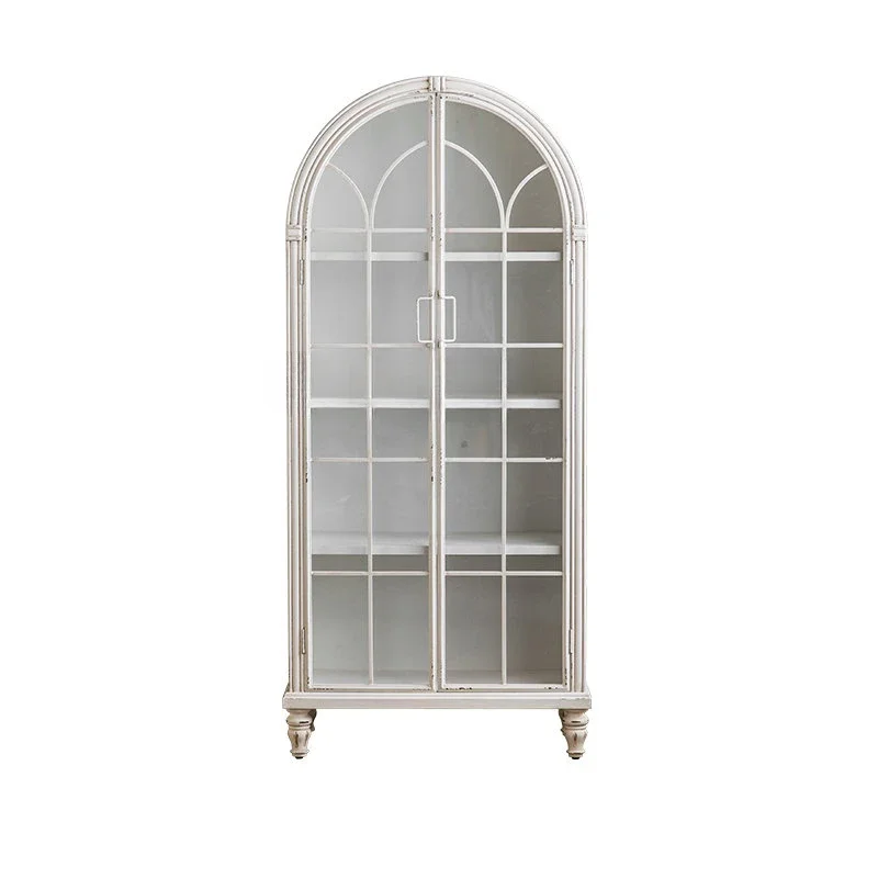 

French Retro Distressed Arch Bookcase Living Room Floor against the Wall Display Cabinet Made of Glass