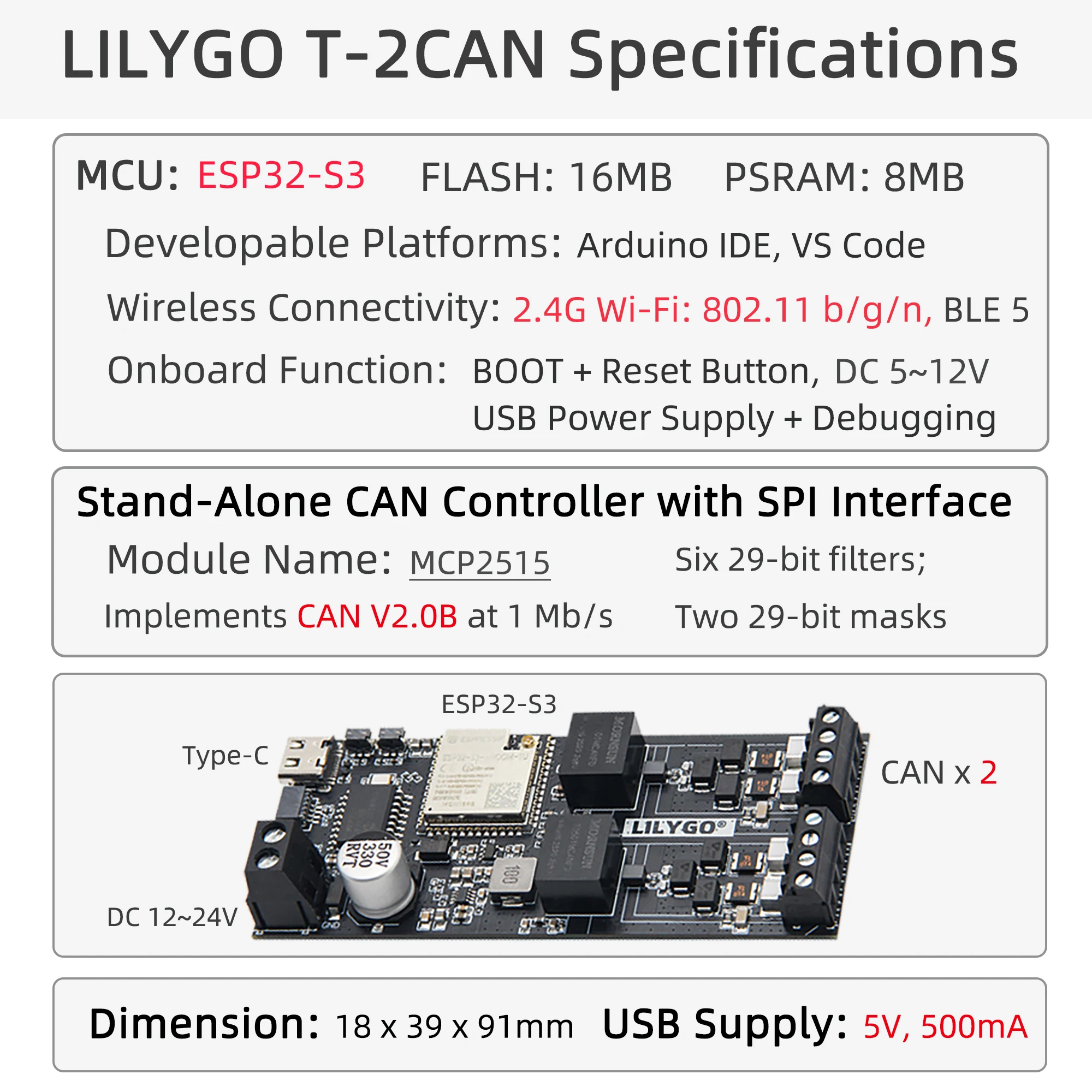 ® T-2CAN ESP32-S3 Development Board Stand-Alone CAN Controller with SPl Interfac