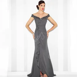 Off Shoulder Chiffon Mother of The Bride Dress Embroidery Ruffle Pleated Women's Evening Formal Gowns For Wedding Custom Made
