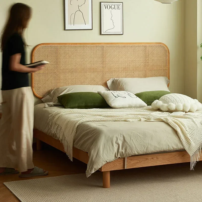 Japanese Solid Wood Headboards for Bed Headboards Simple Household Bed for Bedroom Retro Creative Rattan Backrest