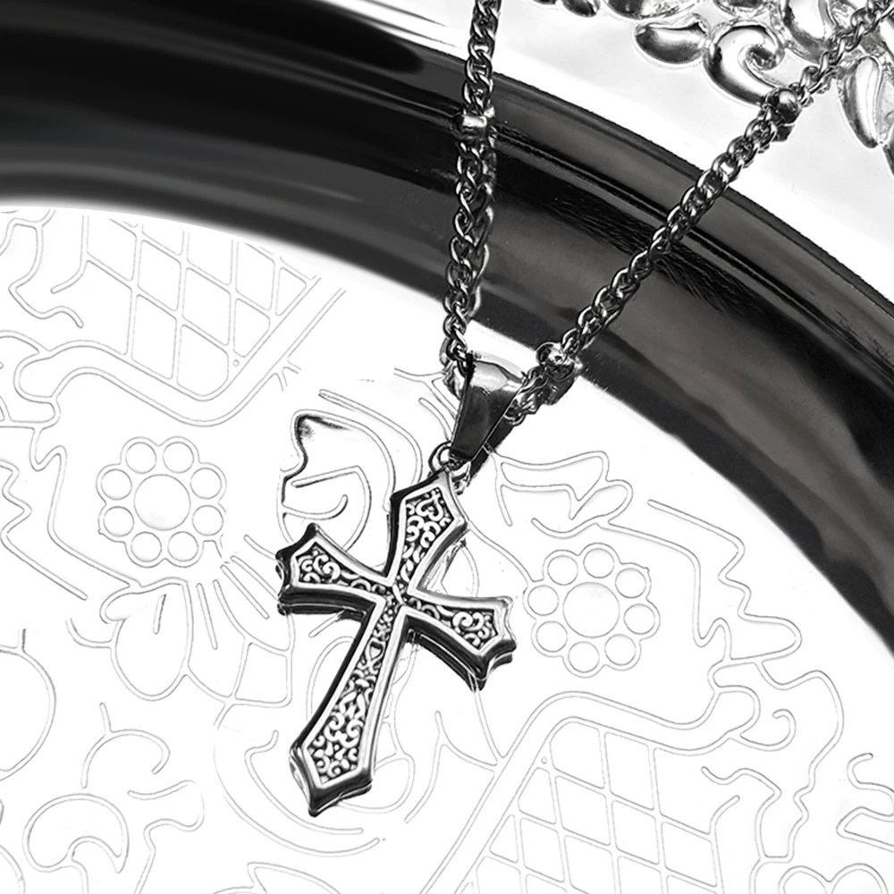 Hiphop Kreuz Halskette Für Frauen Männer Edelstahl Scroll Muster Blume Trendy Party Tragen Anhänger Halskette Schmuck Geschenk
