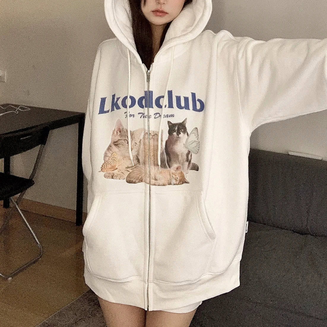 

Wihte Cotton Winter Zipper Hoodie Jackets Men Women Casual American Funny Cats Cute Cartoon Coats Loose Oversized Kawaii Clothes