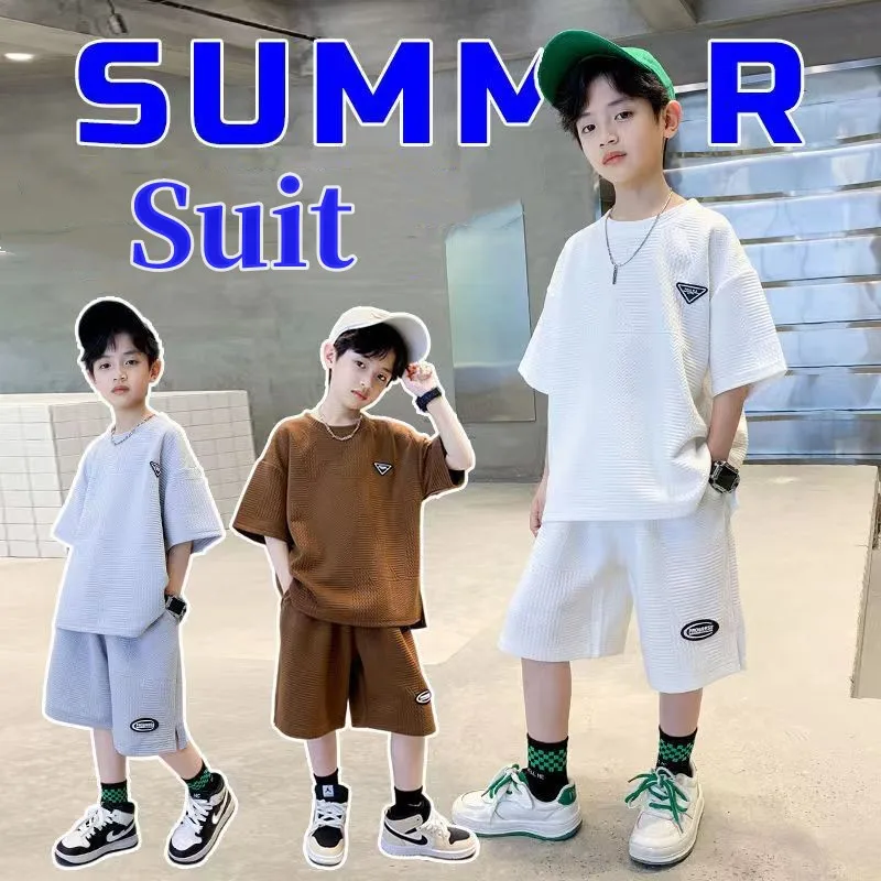 

Summer Casual Boys Jacquard Waffle T-Shirt Tops+Shorts Pant Workout Set School Kids 2PCS Tracksuit Child Outfits Student 3-14 Yr