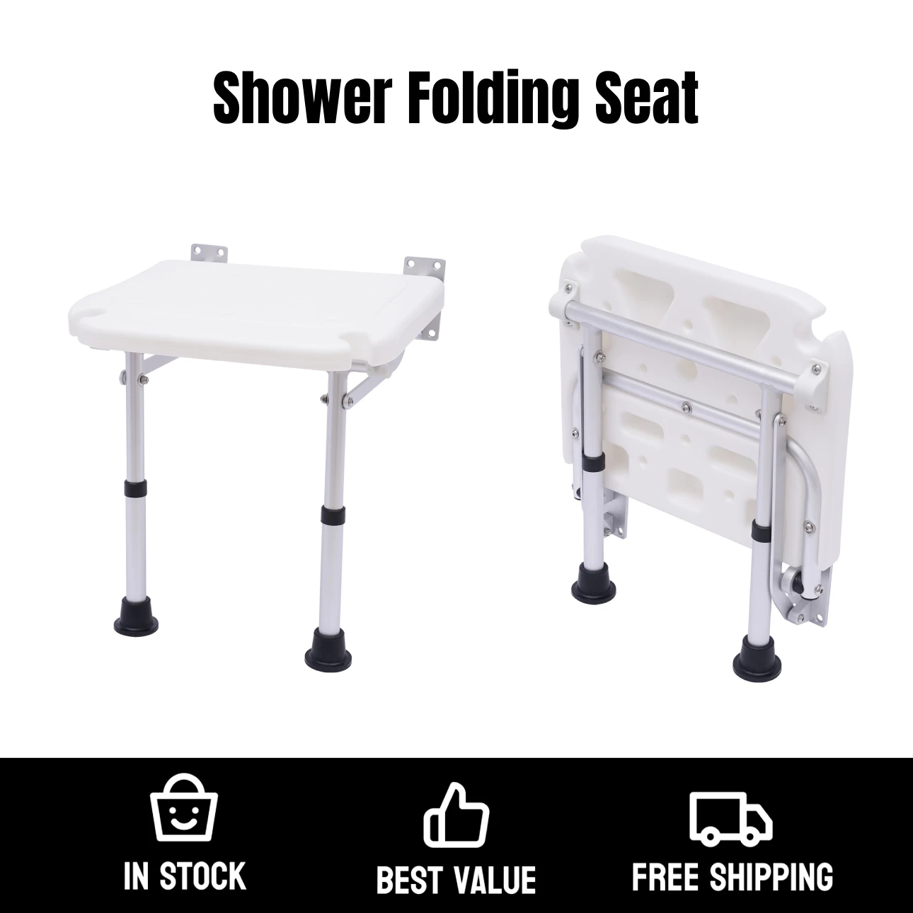 Shower Folding Seat Wall Mounting Folding Shower Seat Max Load 100 Kg Shower Folding Seat W/ Support Feet Shower Cap Seat