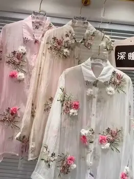 Luxury Design Summer Sparkle Diamonds Flowers Embroidery Party Shirts Blouses Women's Lightweight Sunscreen Top Woman Clothes 1