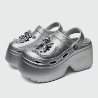 New Women's Silver Platform Clogs Summer 2025 Comfortable Slip on Wedge Sandals Woman Fashion Chain Thick Sole Garden Shoes Lady