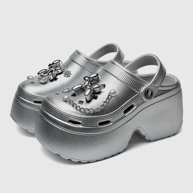 New Women's Silver Platform Clogs Summer 2025 Comfortable Slip on Wedge Sandals Woman Fashion Chain Thick Sole Garden Shoes Lady
