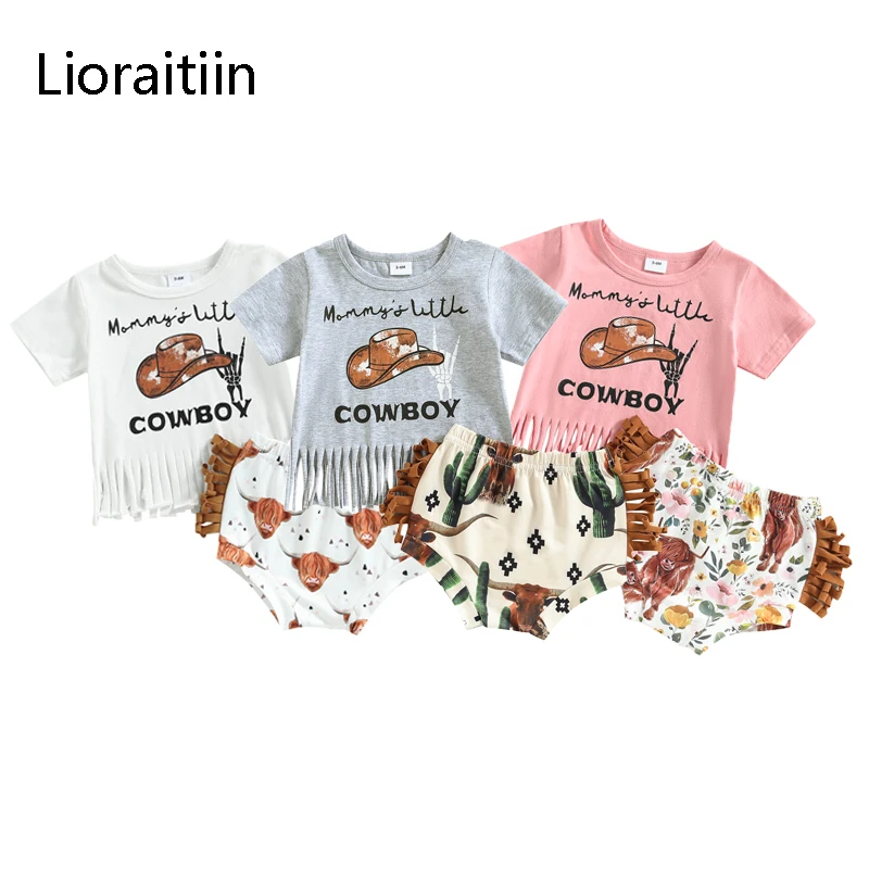 

2023-03-27 Lioraitiin 0-18M Newborn Baby Girls 2Pcs Summer Outfit Short Sleeve Letter Hat Print Tops Cattle Head Tassel Shorts